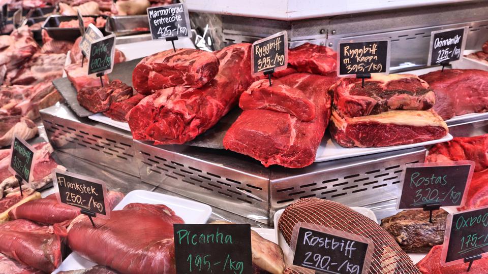 Meat store in Gothenburg Market Hall (Saluhallen), Sweden. Various meats: beef, entrecote and flank steak.